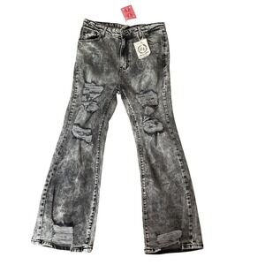 Grace & Emma The Blake Stone Jeans Acid Wash Grey Distressed Flare‎ Wide Leg NEW
